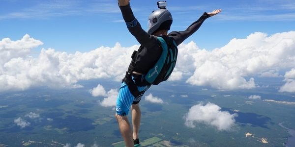 solo licensed skydiver in upright freefall position