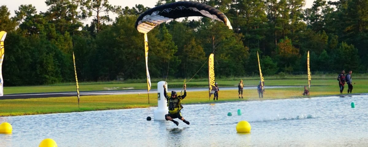 competitor makes swooping landing skydiving
