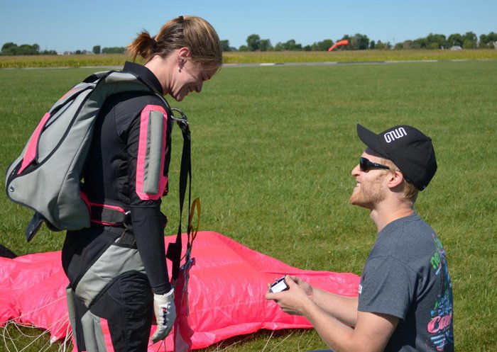 Skydiving videographer Elliot Byrd proposes to his wife Lauren.