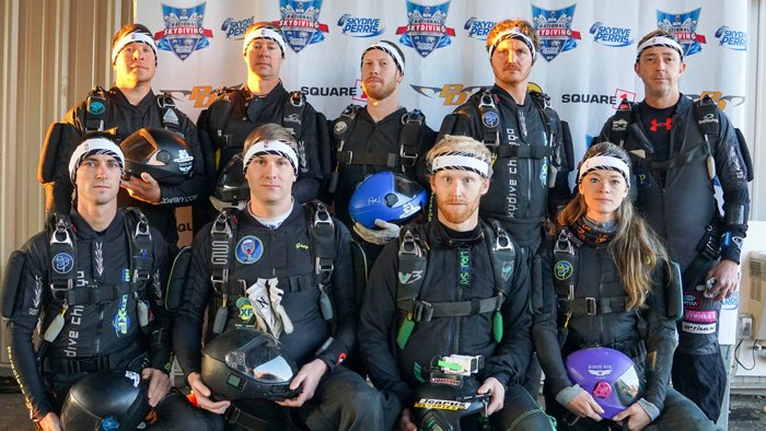 Skydiving videographer Elliot Byrd with the Rhythm 8 team at the 2017 USPA Nationals.