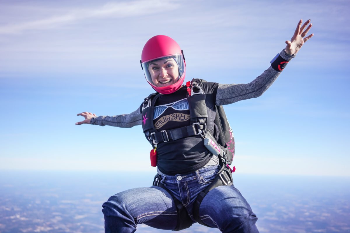 A skydiver falls through the air.