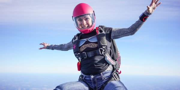 solo skydiver in head up sit position in freefall