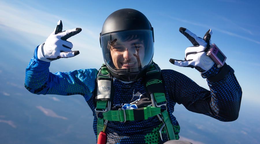 PSP student Anthony Armendariz in freefall at Skydive Paraclete XP.