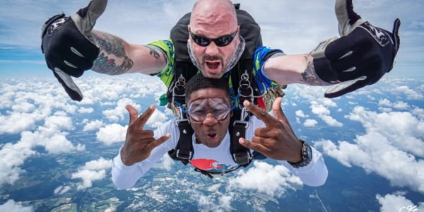 a male tandem skydiving pair giving rock on symbols with hands in freefall