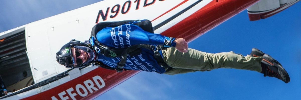 solo skydiver exits airplane into a flat track to prepare for a movement jump