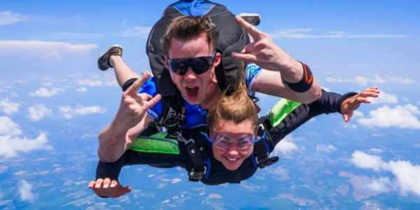 tandem skydivers give rock on symbol and smile in freefall