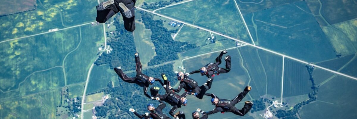 An 8-way RW skydiving team in a formation.