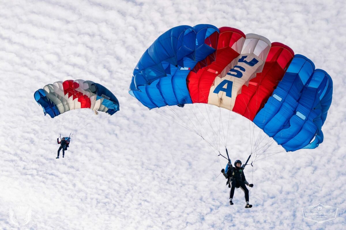 Two canopy pilots with USA in the center of red, white, and blue canopies flying. Photo by Chris Bess.